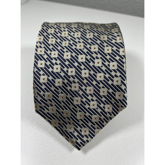 Olmo Other - Olmo Mens Silk Tie Navy Blue Silver Geometric Squares Dots Hand Made Italy
